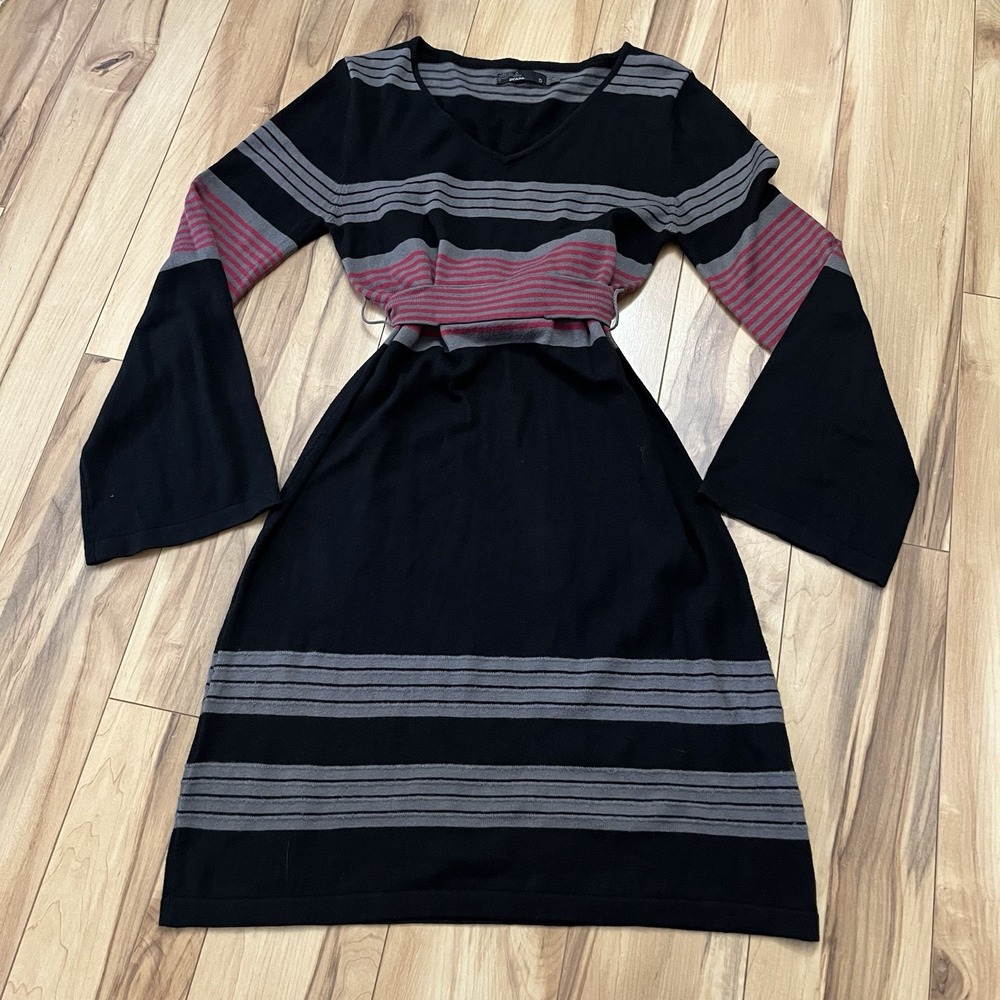 PrAna Sydney Sweater Dress Women's Sz S Black & Red Striped Back Tie Bell Sleeve